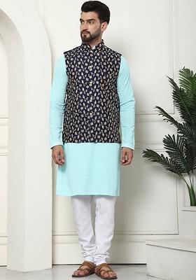 Turquoise Blue Thread Work Cotton Kurta Set For Men