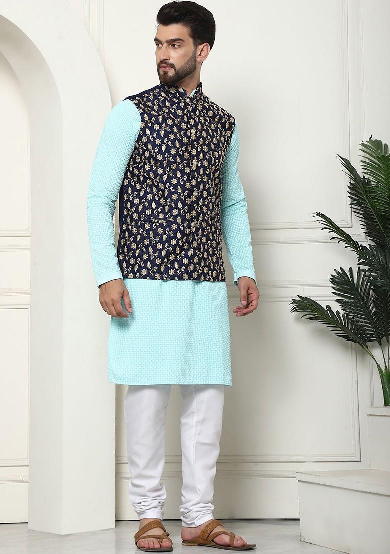 Turquoise Blue Thread Work Cotton Kurta Set For Men