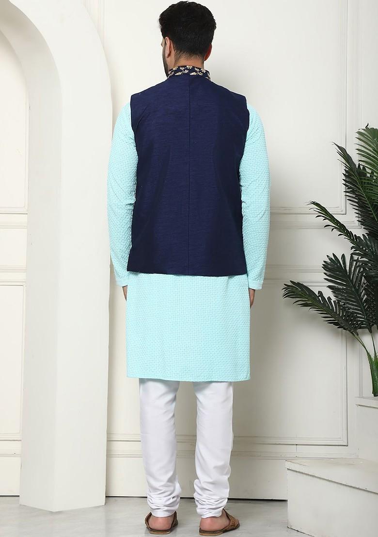Turquoise Blue Thread Work Cotton Kurta Set For Men