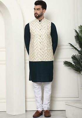 Green Thread Work Cotton Kurta Set For Men