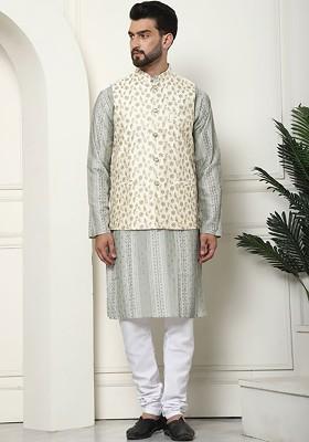 Green Thread Work Poly Blend Kurta Set For Men