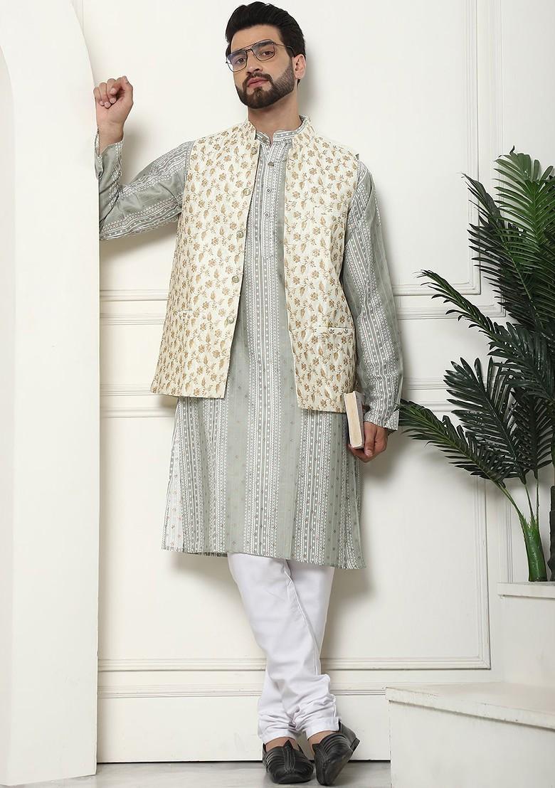 Green Thread Work Poly Blend Kurta Set For Men