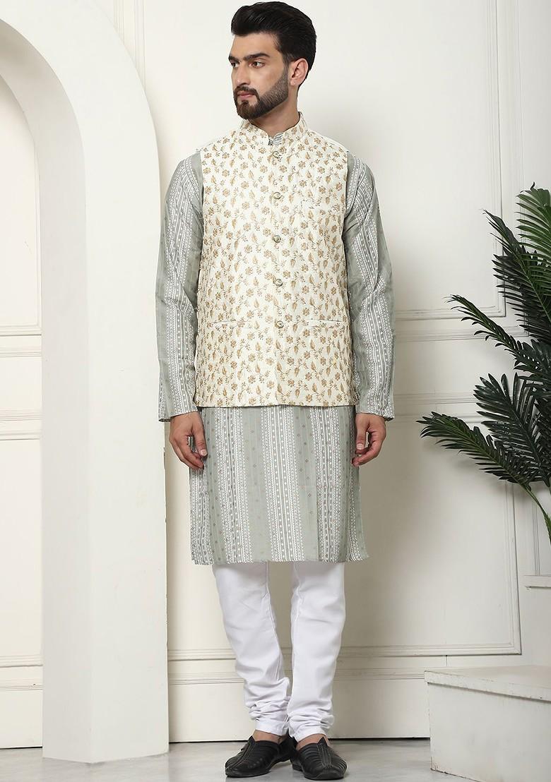 Green Thread Work Poly Blend Kurta Set For Men
