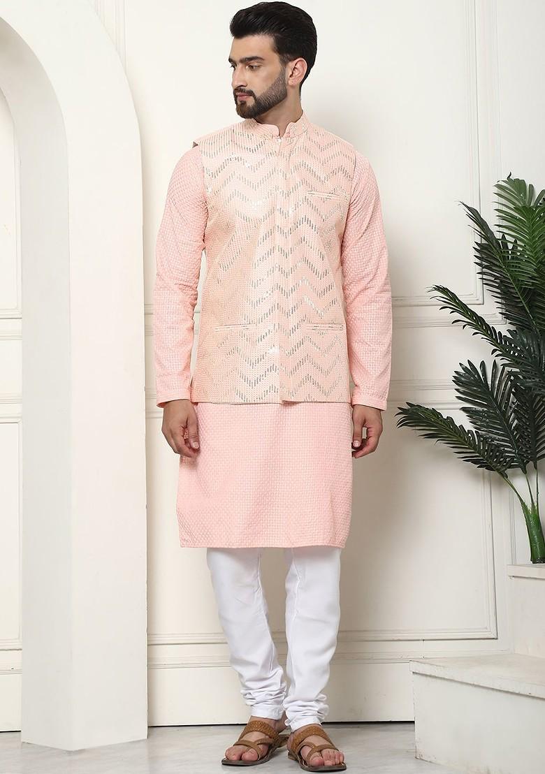 Peach Solid Cotton Kurta Set For Men