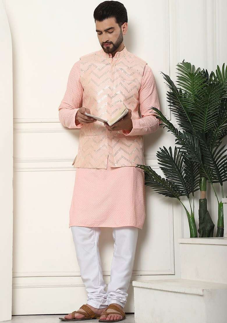 Peach Solid Cotton Kurta Set For Men - Indya