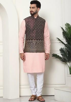 Peach Thread Work Cotton Kurta Set For Men