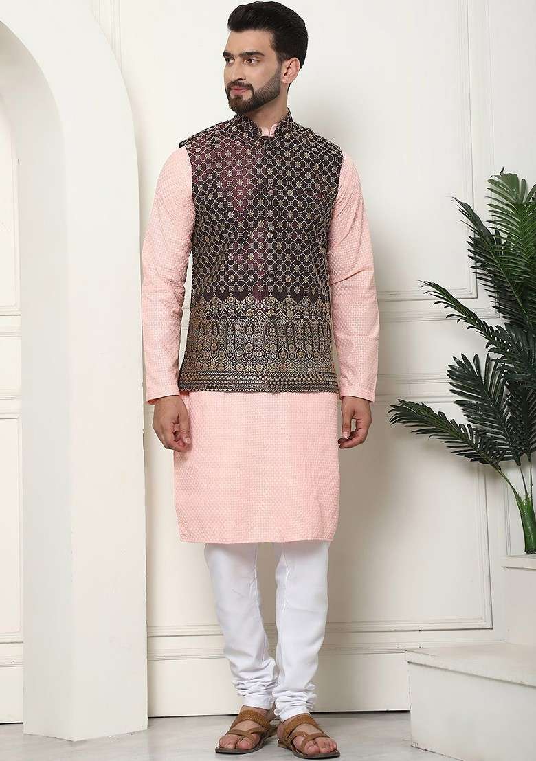 Peach Thread Work Cotton Kurta Set For Men - Indya