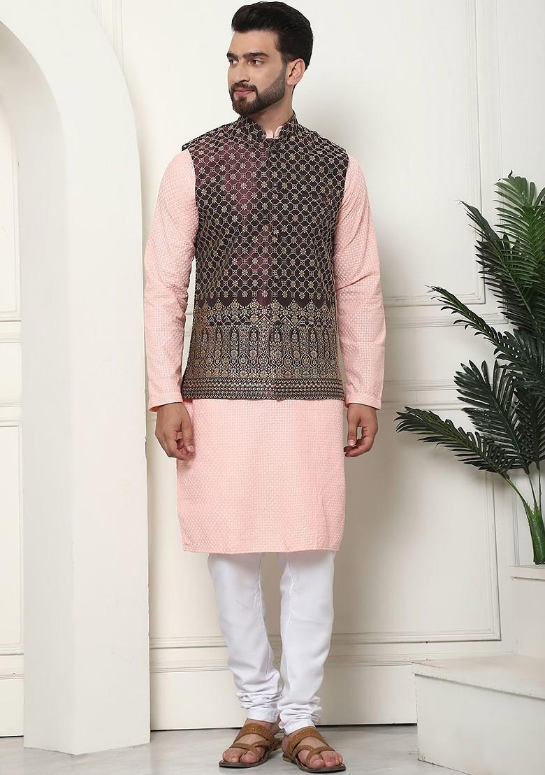 Peach Thread Work Cotton Kurta Set For Men