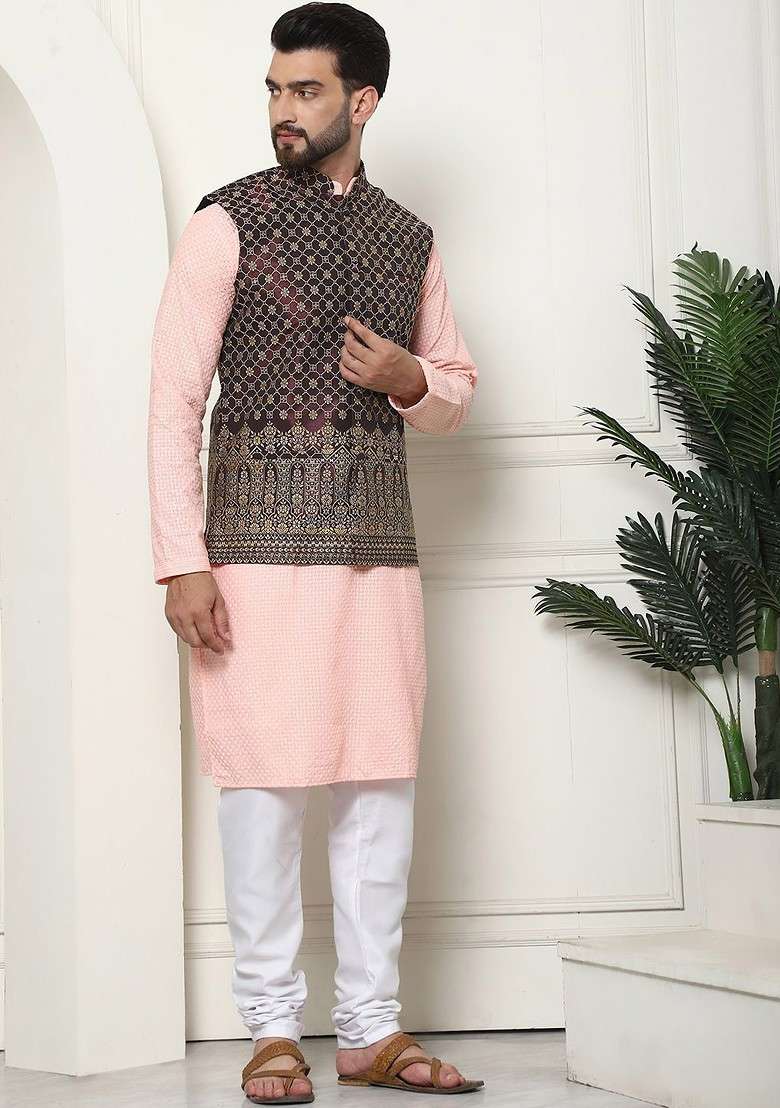 Peach Thread Work Cotton Kurta Set For Men - Indya