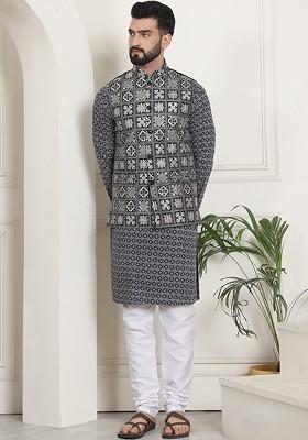 Grey Embroidered Cotton Kurta Set For Men