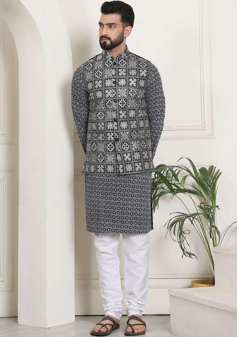 Grey Embroidered Cotton Kurta Set For Men - Indya
