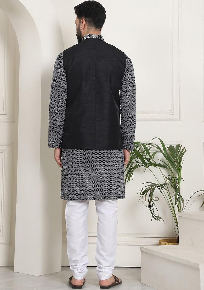 Grey Embroidered Cotton Kurta Set For Men