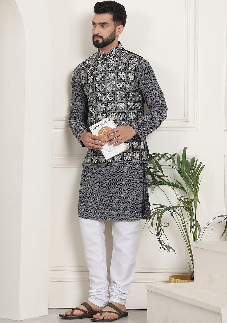 Grey Embroidered Cotton Kurta Set For Men