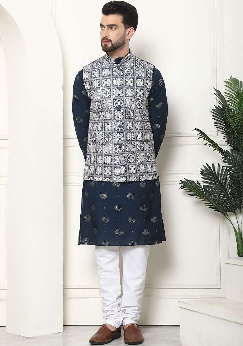 Navy Blue Thread Work Poly Blend Kurta Set For Men - Indya
