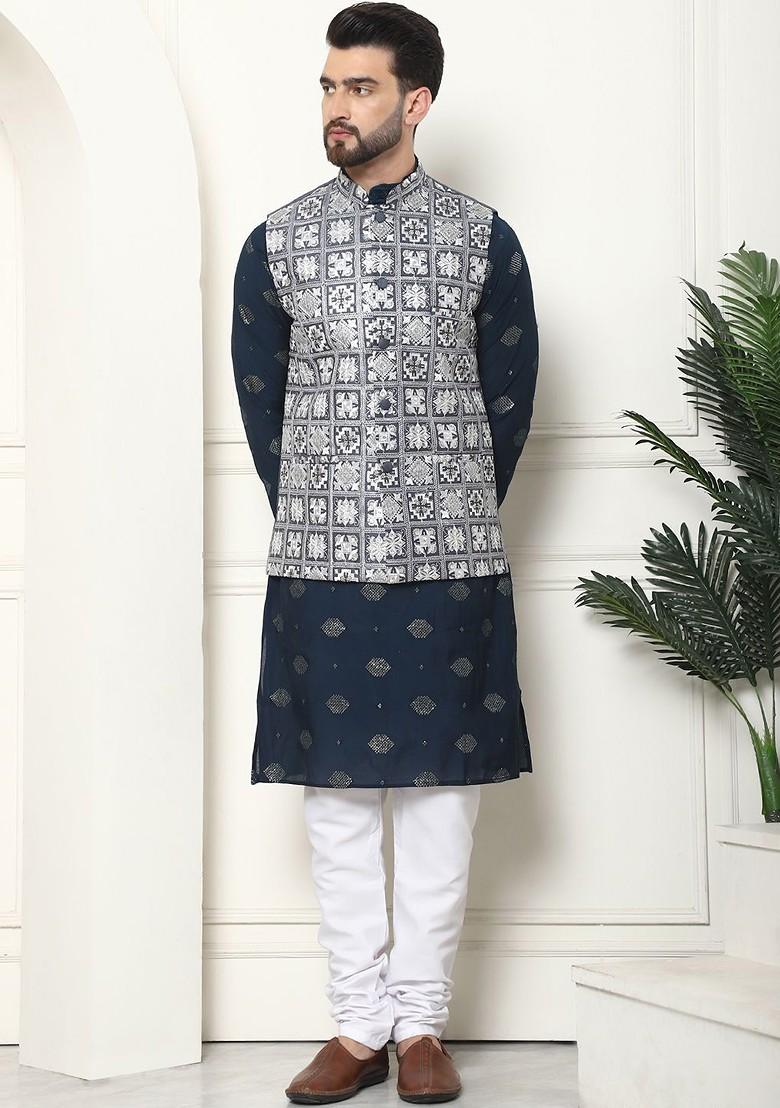 Navy Blue Thread Work Poly Blend Kurta Set For Men