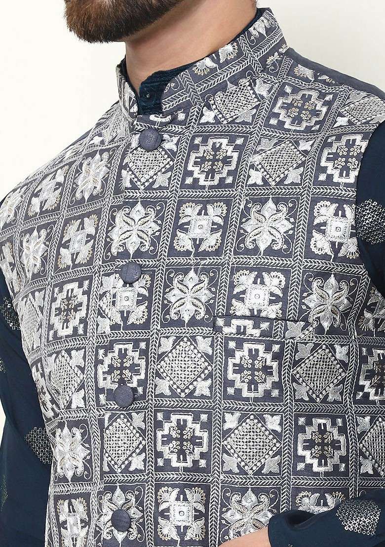 Navy Blue Thread Work Poly Blend Kurta Set For Men - Indya