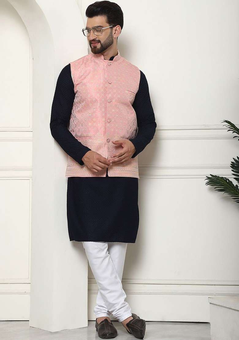 Navy Blue Thread Work Cotton Kurta Set For Men - Indya