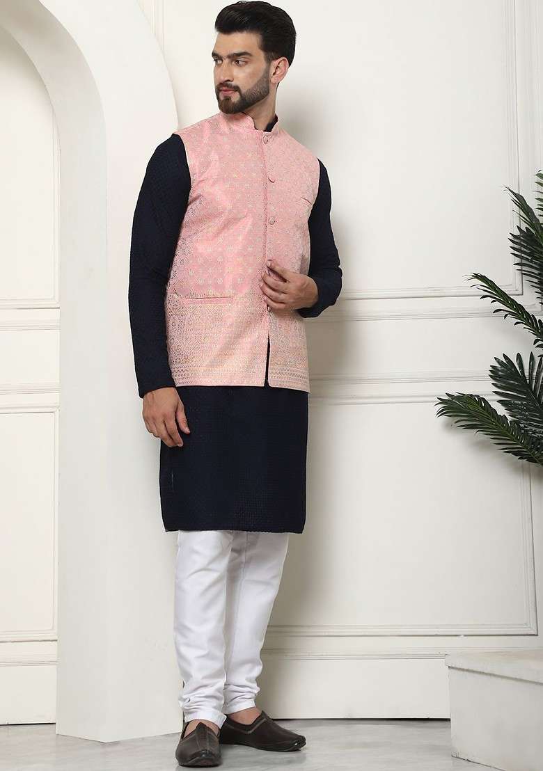 Navy Blue Thread Work Cotton Kurta Set For Men - Indya