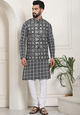 Black Thread Work Cotton Kurta Set For Men