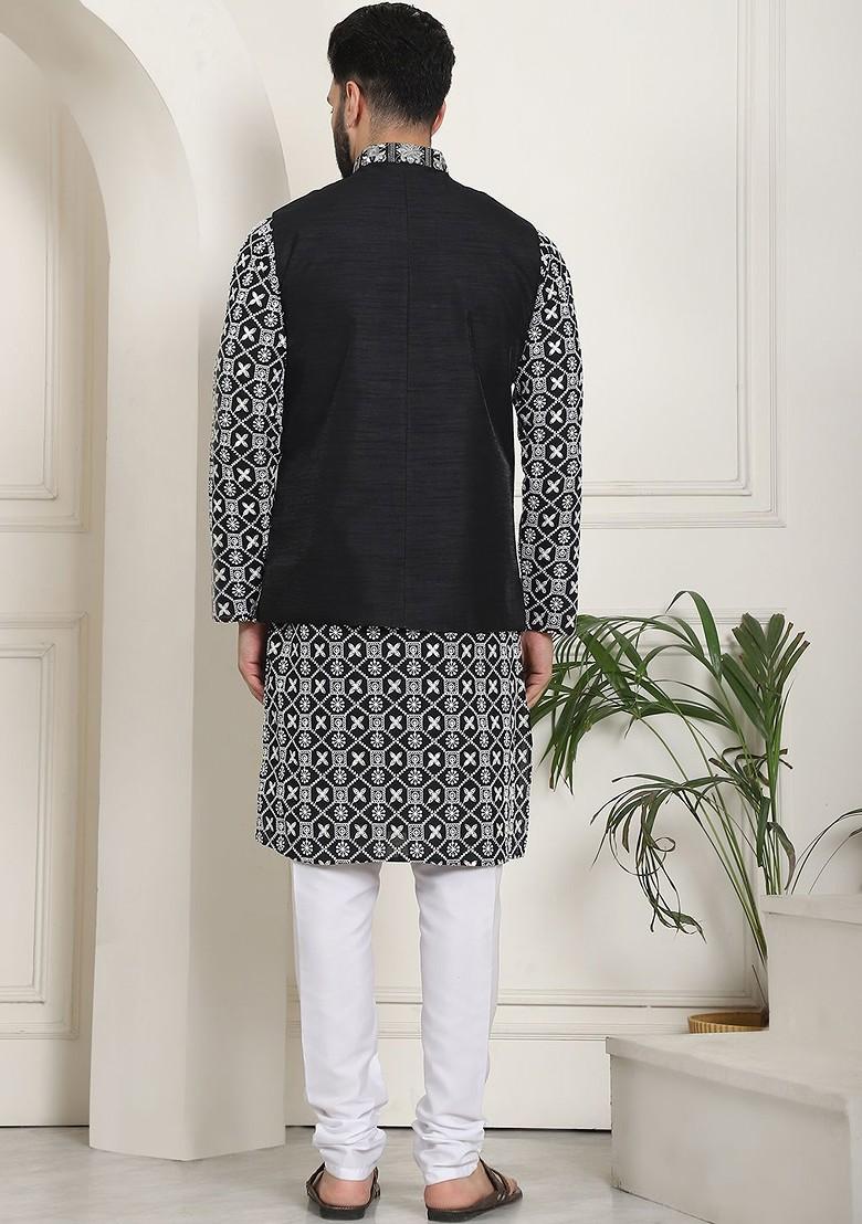 Black Thread Work Cotton Kurta Set For Men