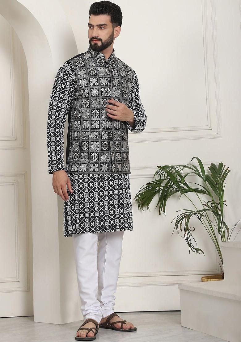 Black Thread Work Cotton Kurta Set For Men