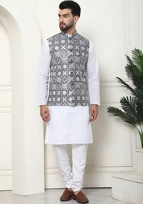 White Embroidered Cotton Kurta Set For Men