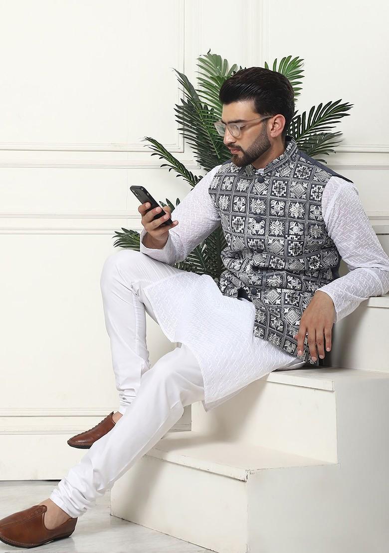 White Embroidered Cotton Kurta Set For Men