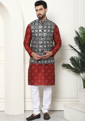Maroon Printed Poly Blend Kurta Set For Men