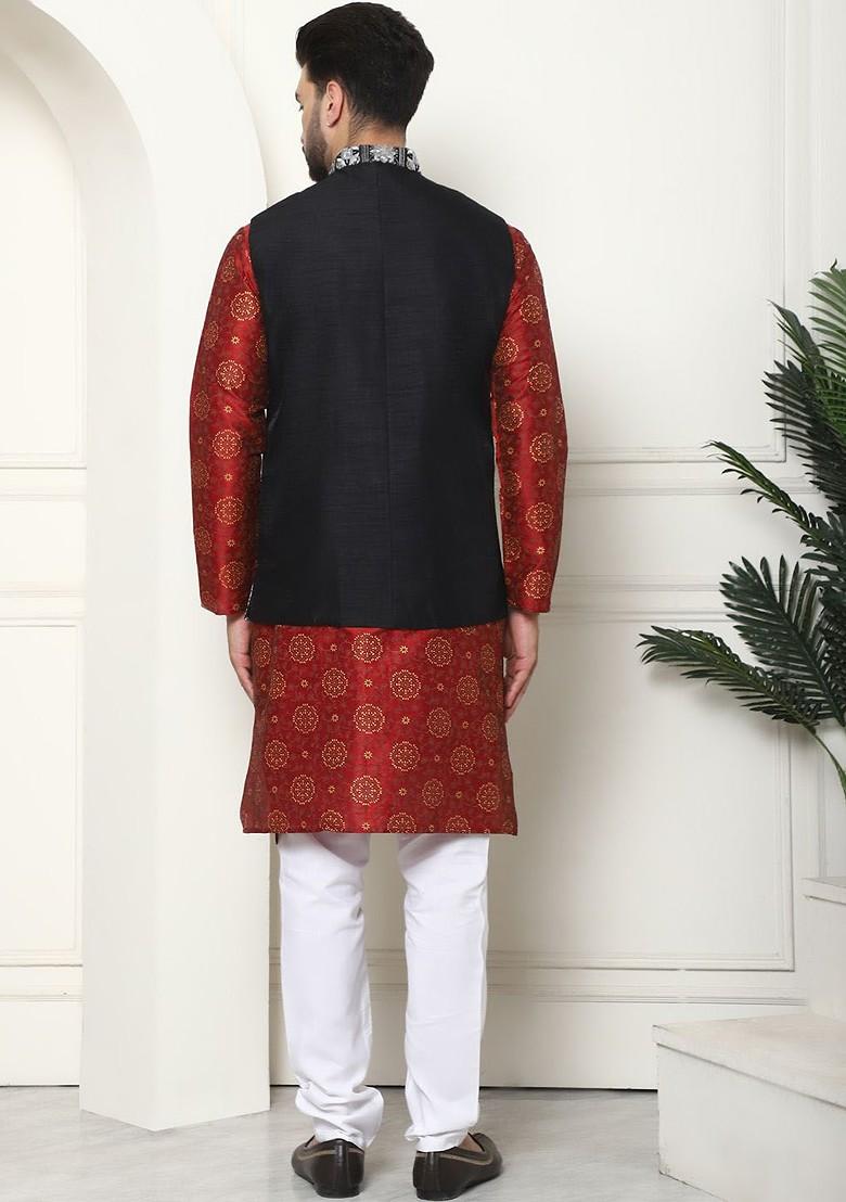 Maroon Printed Poly Blend Kurta Set For Men