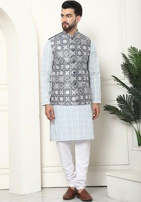 Grey Thread Work Cotton Kurta Set For Men