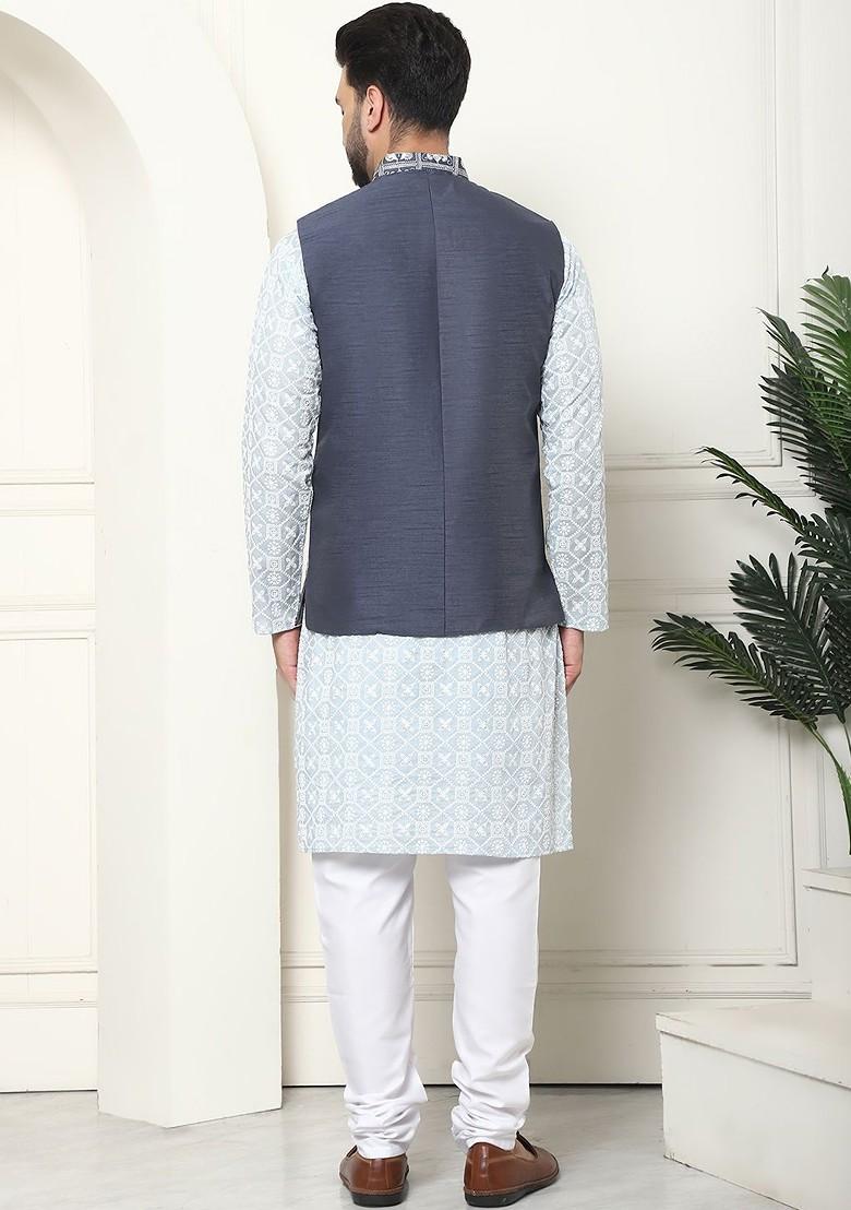 Grey Thread Work Cotton Kurta Set For Men