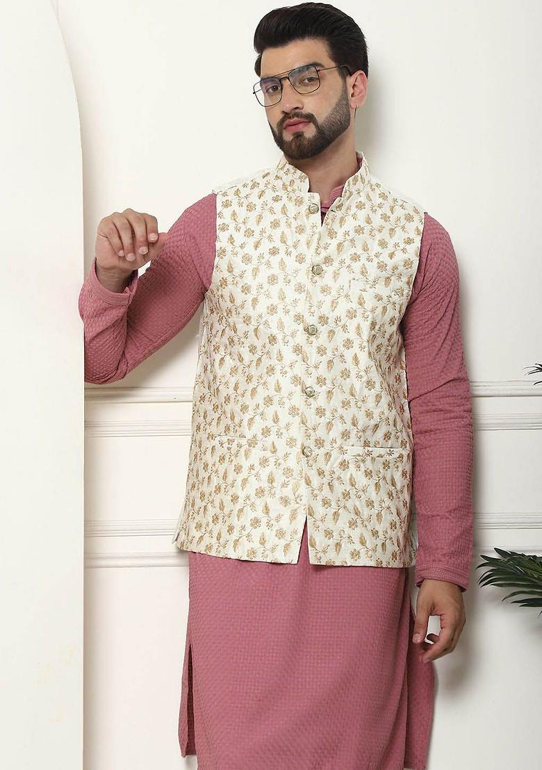 Coral Pink Thread Work Cotton Kurta Set For Men