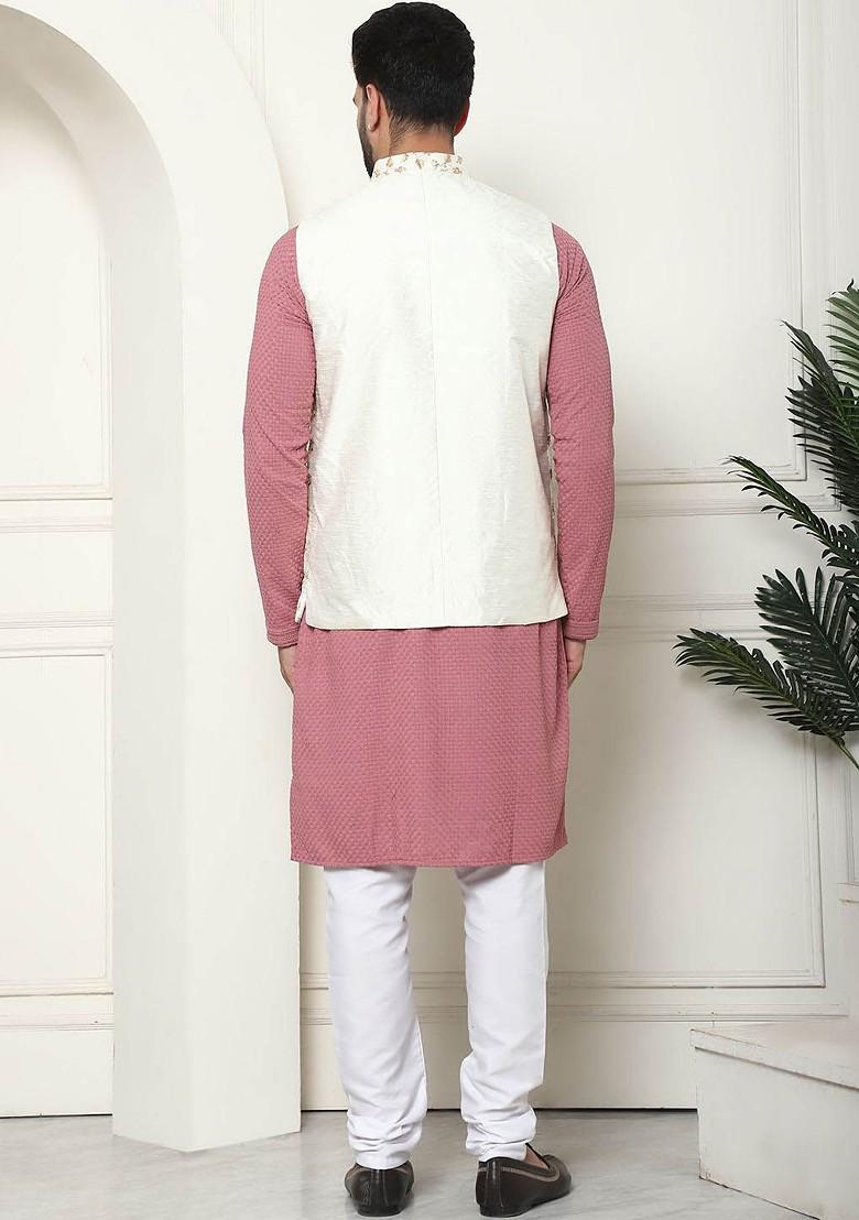 Coral Pink Thread Work Cotton Kurta Set For Men
