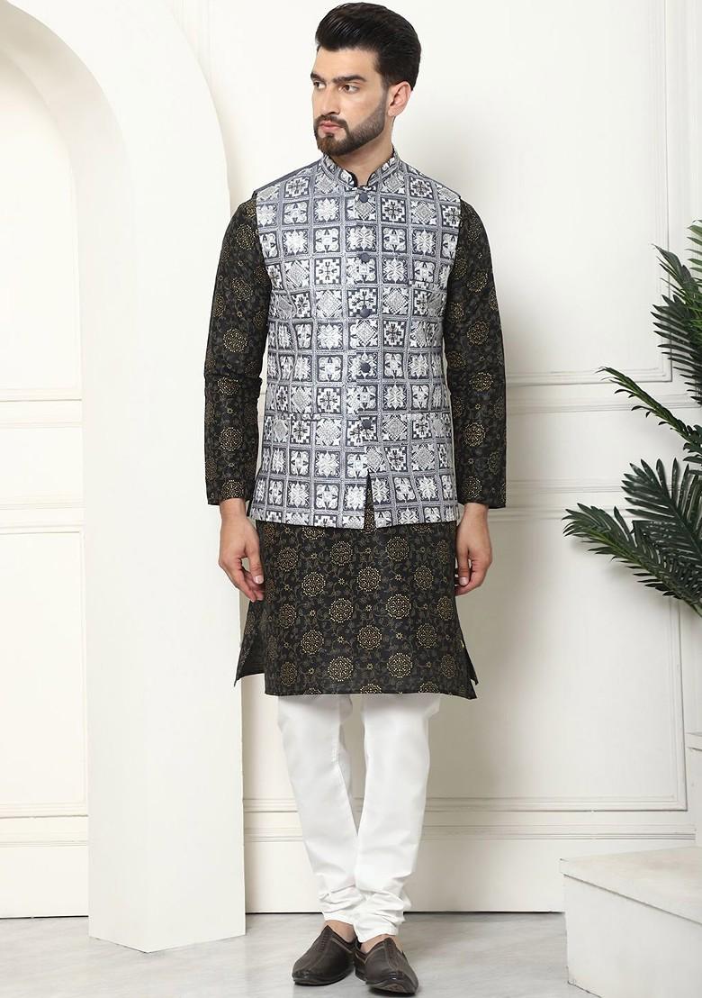 Black Thread Work Poly Blend Kurta Set For Men