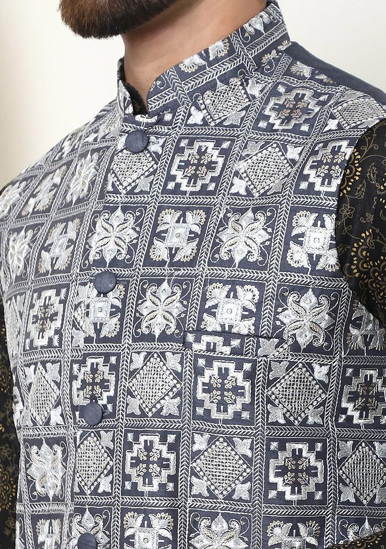 Black Thread Work Poly Blend Kurta Set For Men