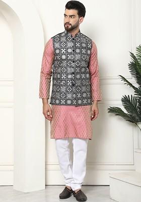 Pink Solid Poly Blend Kurta Set For Men