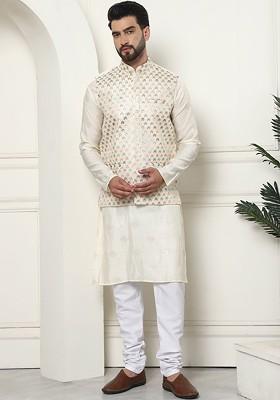 Cream Thread Work Cotton Kurta Set For Men