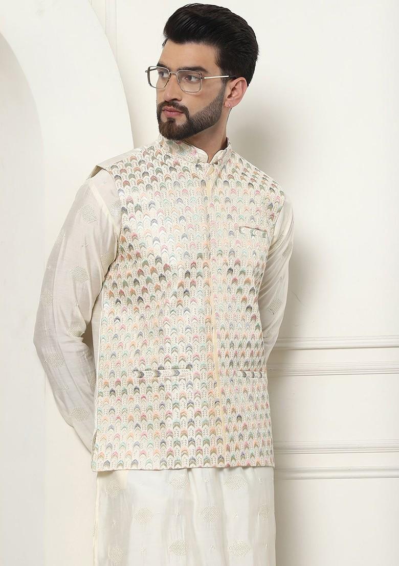 Cream Thread Work Cotton Kurta Set For Men
