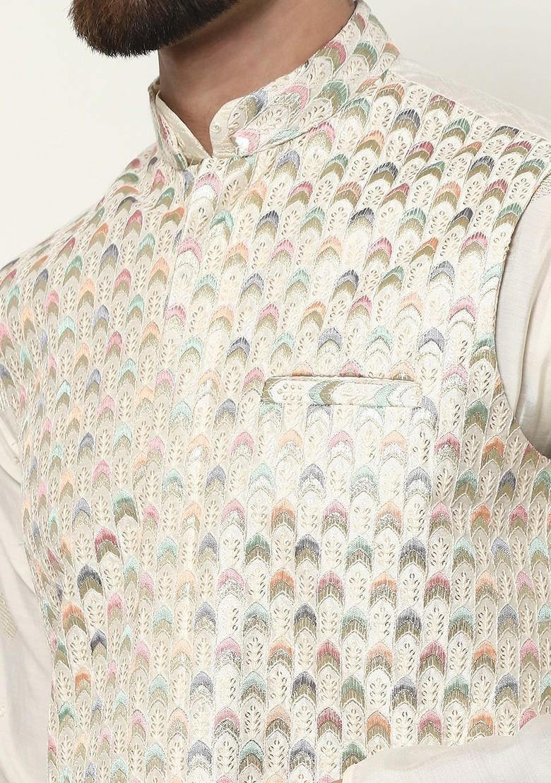 Cream Thread Work Cotton Kurta Set For Men