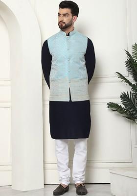 Navy Blue Solid Cotton Kurta Set For Men