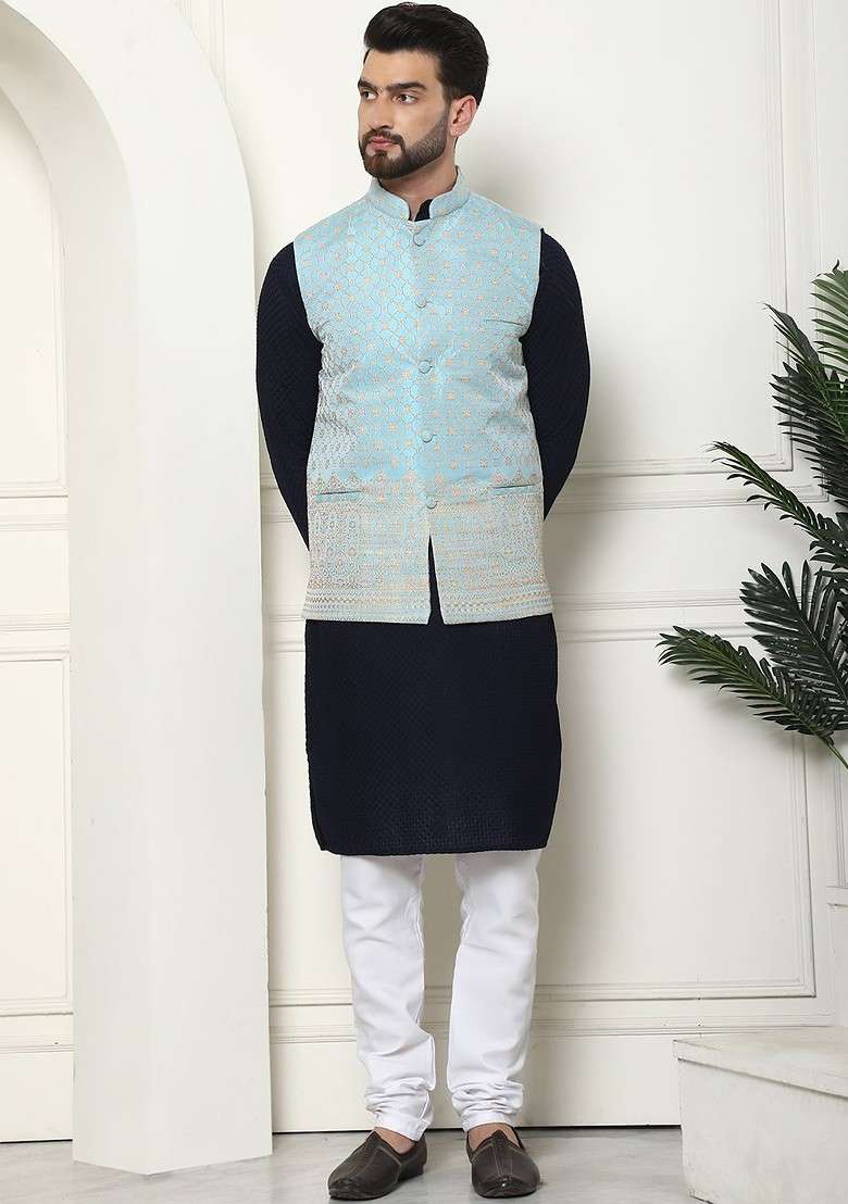 Navy Blue Solid Cotton Kurta Set For Men - Indya