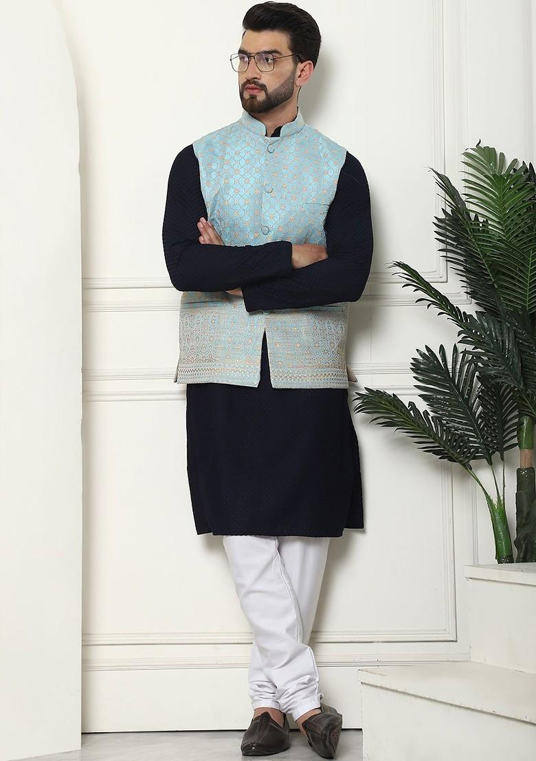 Navy Blue Solid Cotton Kurta Set For Men