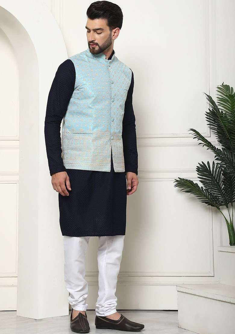 Navy Blue Solid Cotton Kurta Set For Men - Indya