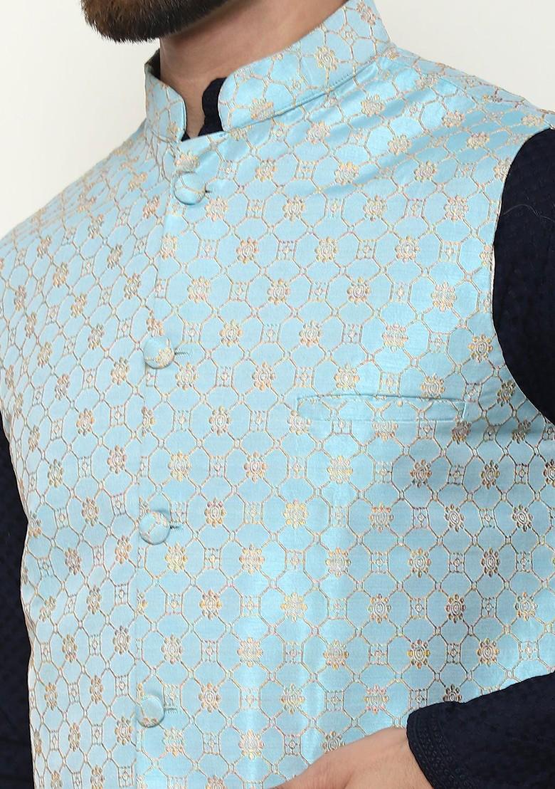 Navy Blue Solid Cotton Kurta Set For Men