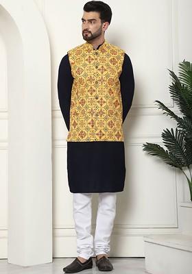 Navy Blue Checked Cotton Kurta Set For Men