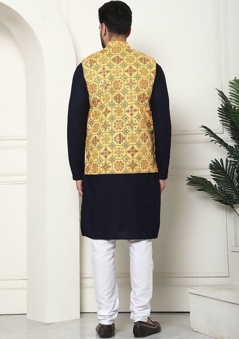 Navy Blue Checked Cotton Kurta Set For Men