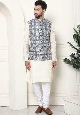 Cream Thread Work Cotton Kurta Set For Men