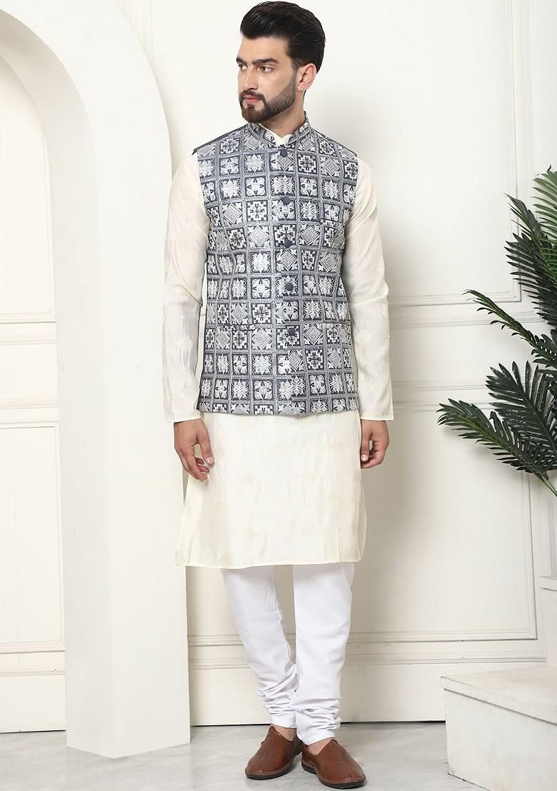Cream Thread Work Cotton Kurta Set For Men