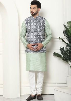 Green Thread Work Poly Blend Kurta Set For Men