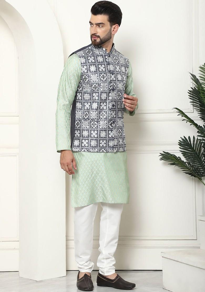 Green Thread Work Poly Blend Kurta Set For Men